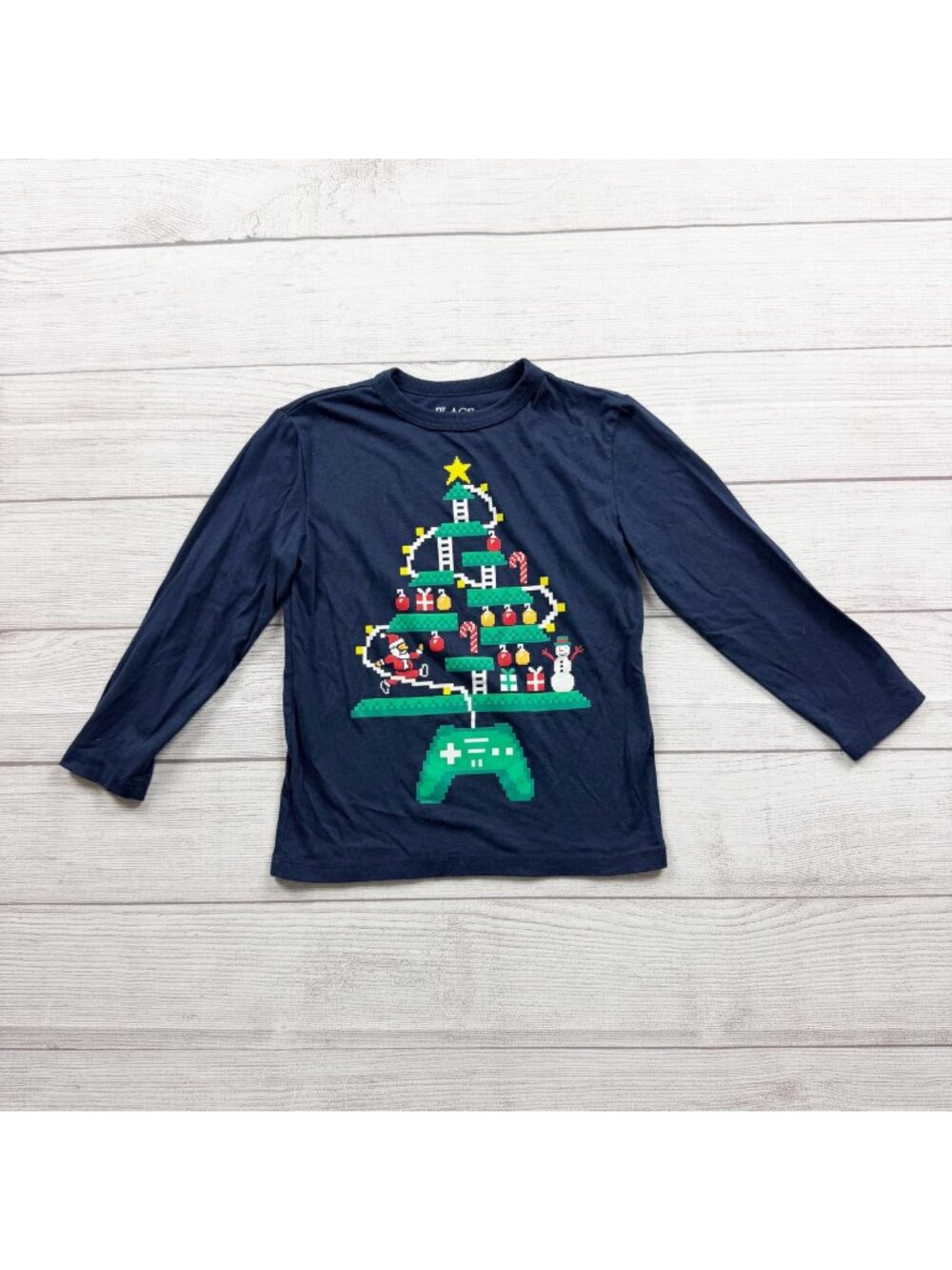 Children's Place Boys Long Sleeve Shirt Gamer Christmas Tree Graphic XS 4